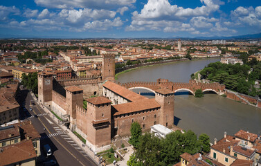 Panorama of the Ponte di Castelvecchio bridge. Verona in the region of Venice, Italy. Historic Castelvecchio Bridge, Ponte di Castelvecchio in Verona Italy. Bridge over the Adige river in Verona.