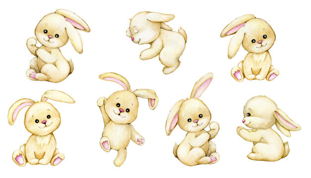 Bunnies, watercolor animals, in cartoon style, on an isolated background. Set of rabbits.