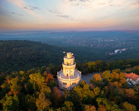 Erzsebet lookout tower in Budapest Normafa hill. Famous attraction in Budapest's hills. Spledid old tower built in 1910.