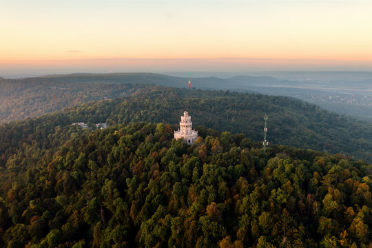Erzsebet lookout tower in Budapest Normafa hill. Famous attraction in Budapest's hills. Spledid old tower built in 1910.