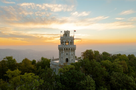 Erzsebet lookout tower in Budapest Normafa hill. Famous attraction in Budapest's hills. Spledid old tower built in 1910.