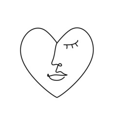 Woman silhouette face in shape heart as line drawing picture on white. Vector