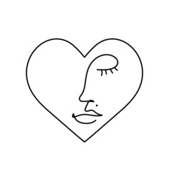 Woman silhouette face in shape heart as line drawing picture on white. Vector
