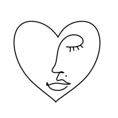 Woman silhouette face in shape heart as line drawing picture on white. Vector