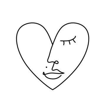 Woman silhouette face in shape heart as line drawing picture on white. Vector