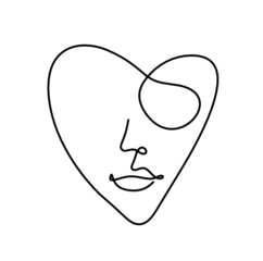 Woman silhouette face in shape heart as line drawing picture on white. Vector