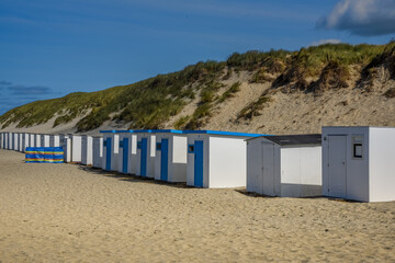 Fototapeta na wymiar Texel, Netherlands. August 2021. The beach houses on the beach of the Wadden Island of Texel.