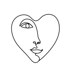 Woman silhouette face in shape heart as line drawing picture on white. Vector