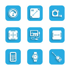 Set Multimeter, voltmeter, Wrist watch, Laser distance measurer, Area measurement, Calculator, Roulette construction and Speedometer icon. Vector