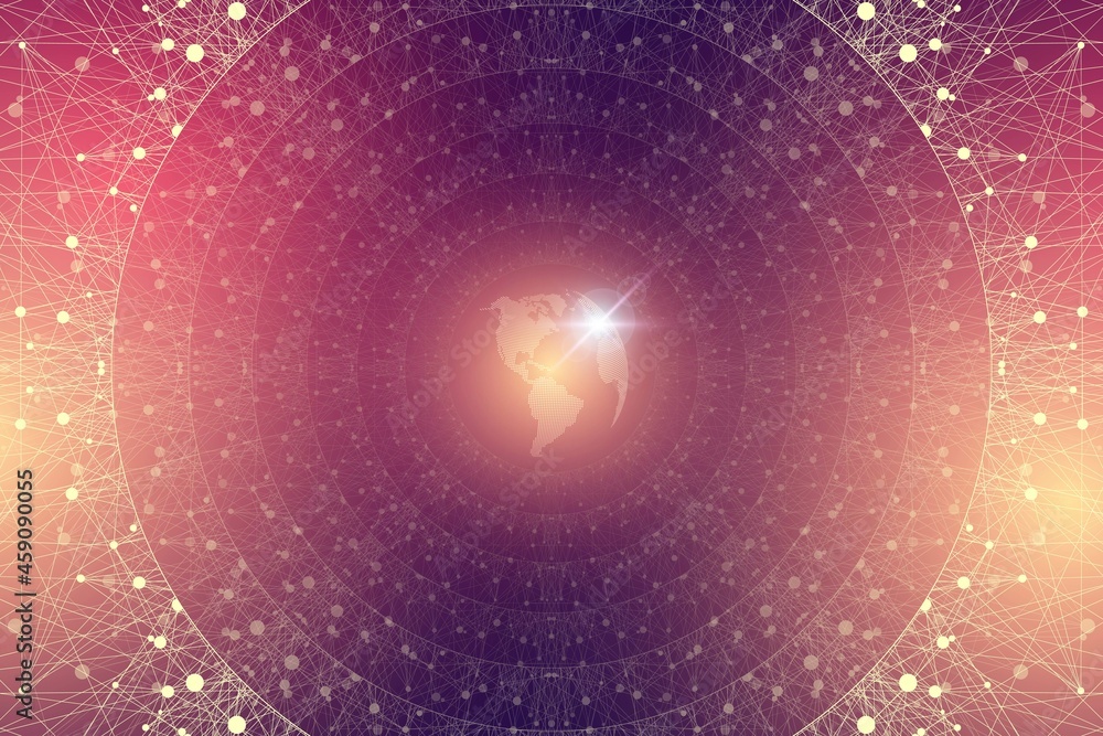 Poster Geometric abstract background tunnel or wormhole with connected line and dots. Futuristic wormhole 3d space time portal visualization. Wireframe tunnel grid texture background, illustration