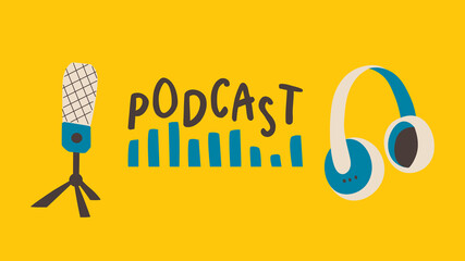 Banner template for podcast show. Microphone, headphones, text and sound wave. Trend vector design on yellow background.