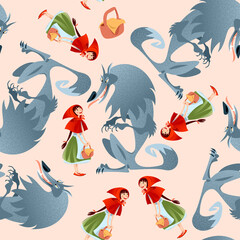 Little Red Riding Hood and Big Bad Wolf. European folk tale. Seamless background pattern.