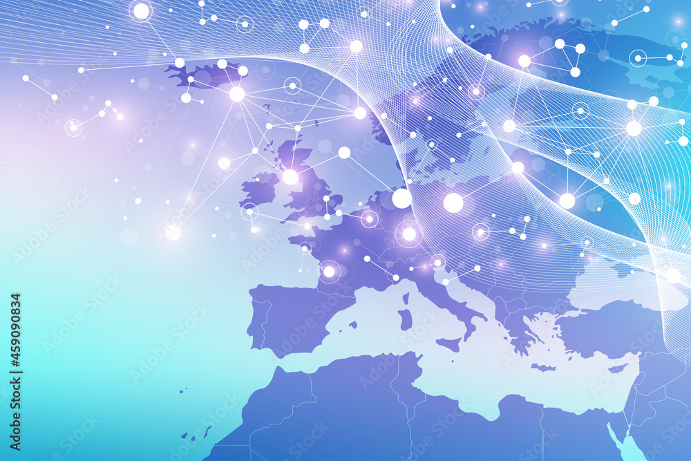 Poster Technology abstract background with connected line and dots. Big data visualization. Artificial Intelligence and Machine Learning Concept Background. Analytical networks illustration