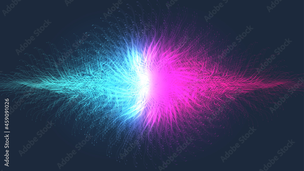 Aufkleber Quantum computer technology banner design template concept. Deep learning artificial intelligence. Big data algorithms visualization for business, science, technology. Waves flow, illustration.