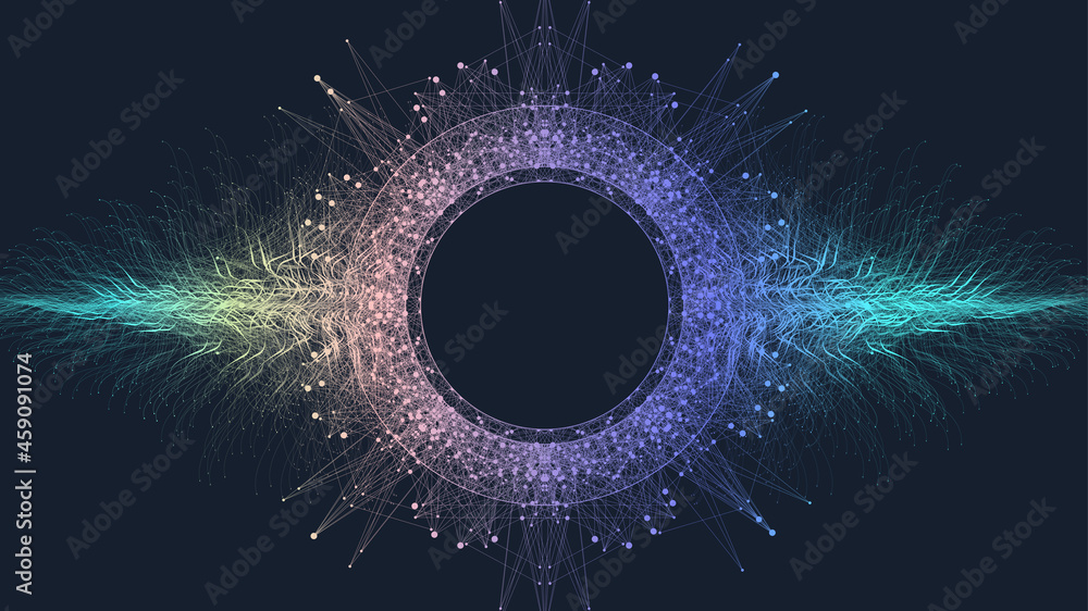 Poster Quantum computer technology banner design template concept. Deep learning artificial intelligence. Big data algorithms visualization for business, science, technology. Waves flow, illustration.