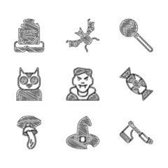 Obraz premium Set Vampire, Witch hat, Wooden axe, Candy, Psilocybin mushroom, Owl bird, Lollipop and Tombstone with RIP written icon. Vector