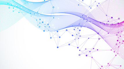 Expansion of life. Colorful explosion background with connected line and dots, wave flow. Visualization Quantum technology. Abstract graphic background explosion, motion burst illustration.