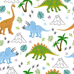 Vector seamless pattern with funny dinosaurs, palms, volcanoes. Doodle funny animal design for baby textiles. Cartoon dinosaurs.