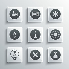 Set X Mark, Cross in circle, Test tube and flask, Sun, Information, Industrial hook, Wheat, Factory production and Medical symbol of the Emergency icon. Vector