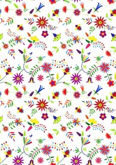 Mexican embroidery Otomi style seamless pattern. Colorful ethnic floral background for greeting card, wedding and birthday invitation, boho textile.
