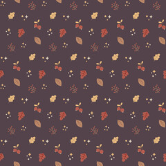 Seamless cute vector floral autumn pattern with leaves, berries, acorns, stars, bubbles