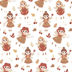 Seamless cute vector magical fairy-tale pattern with tooth fairy, fabulous fairies characters, autumn leaves, berries, branches, plants, bubble, wings, stars, moon