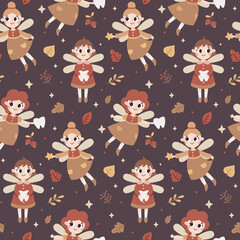 Seamless cute vector magical fairy-tale pattern with tooth fairy, fabulous fairies characters, autumn leaves, berries, branches, plants, bubble, wings, stars, moon