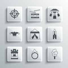 Set Circus fire hoop, Cotton candy, ticket, tent, Ticket box office, Jester hat with bells, Target sport and Attraction carousel icon. Vector