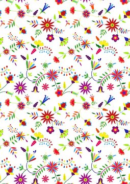 Mexican embroidery Otomi style seamless pattern. Colorful ethnic floral background for greeting card, wedding and birthday invitation, boho textile.