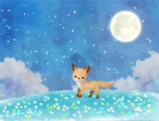 夜の花畑とキツネのイラスト