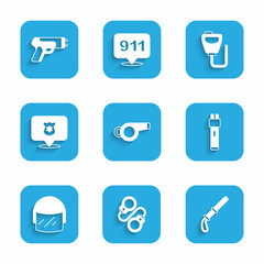 Set Whistle, Handcuffs, Police rubber baton, electric shocker, helmet, badge, Walkie talkie and icon. Vector