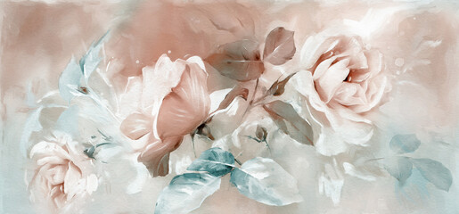 Naklejki  Obraz olejny z kwiatem róży, liśćmi. Tło botaniczne na płótnie - tryptyk We wnętrzu, art.