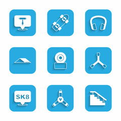 Set Skateboard wheel, Y-tool, stairs with rail, park, Headphones and T icon. Vector