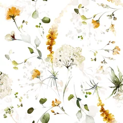 Papier peint Blanc motif floral harmonieux à l& 39 aquarelle avec jardin rose, fleurs jaunes, feuilles, branches. Tuile botanique, arrière-plan.