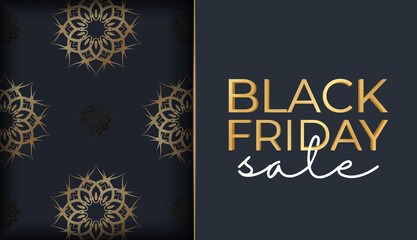 Fototapeta na wymiar Festive Poster Sale Black Friday Dark Blue With Ancient Golden Pattern