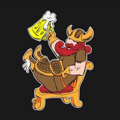 A Viking is sitting on a chair and drinking beer on a black isolated background.