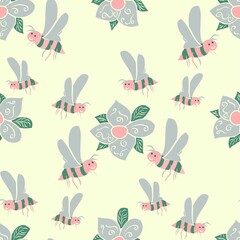Cute Bumblebee Vector Repeat Pattern In Pink And Green