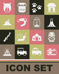 Set Photo camera, Mexican mayan or aztec mask, Volcano eruption, Paw print, Snake, Tree stump, Bear head and Camping lantern icon. Vector
