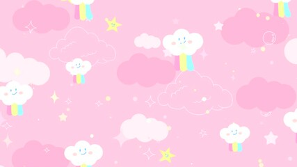 Looped kawaii doodle rainbow clouds with smiling face in the pink sky animation. - Powered by Adobe