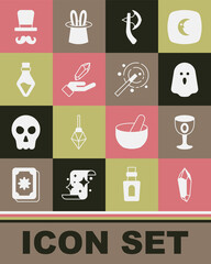 Set Magic stone, Medieval goblet, Ghost, Wooden axe, Bottle with potion, Magician and wand icon. Vector