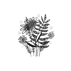 Cute sketch hand drawn black flowers bouquet illustration. Cartoon childish floral clipart for print design, textile decoration, greeting cards, print, stickers, logo