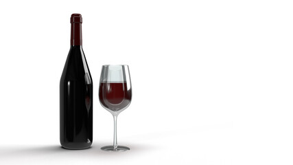 A bottle and glass of red wine on a white background, 3D rendering