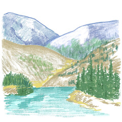 Sketch of mountain forest and lake landscape in Colorado national park