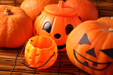  Halloween pumpkin over wooden background stock photo