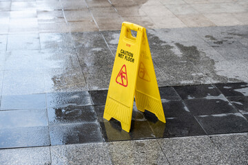 Slippery signs stand on the ground