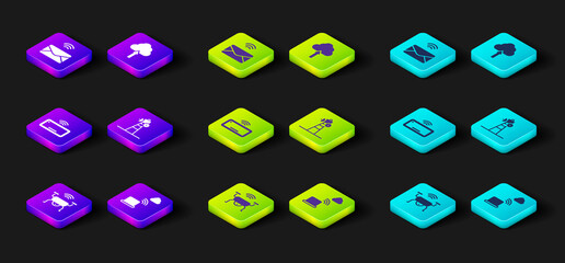 Set Smart drone system, Network cloud connection, Computer keyboard, Satellite dish, Cloud upload and Mail and e-mail icon. Vector