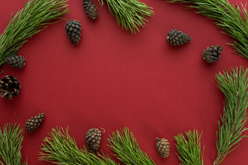 Fototapeta na wymiar Christmas composition. Fir tree branches on red background. Flat lay, top view, copy space