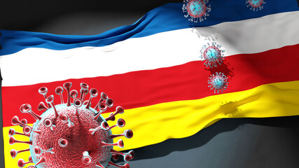 Covid in Dokkum - coronavirus attacking a city flag of Dokkum as a symbol of a fight and struggle with the virus pandemic in this city, 3d illustration