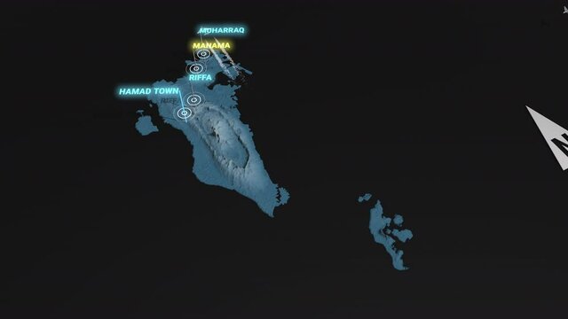 Seamless looping animation of the 3d terrain map at nighttime of Bahrain with the capital and the biggest cites in 4K resolution