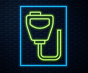 Glowing neon line Walkie talkie icon isolated on brick wall background. Portable radio transmitter icon. Radio transceiver sign. Vector